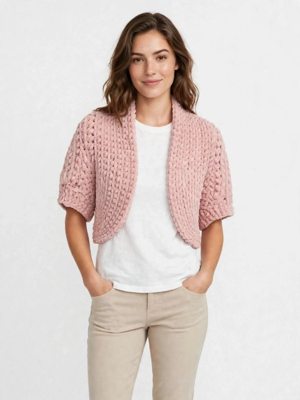 Chunky chenille knit shrug- Pink
